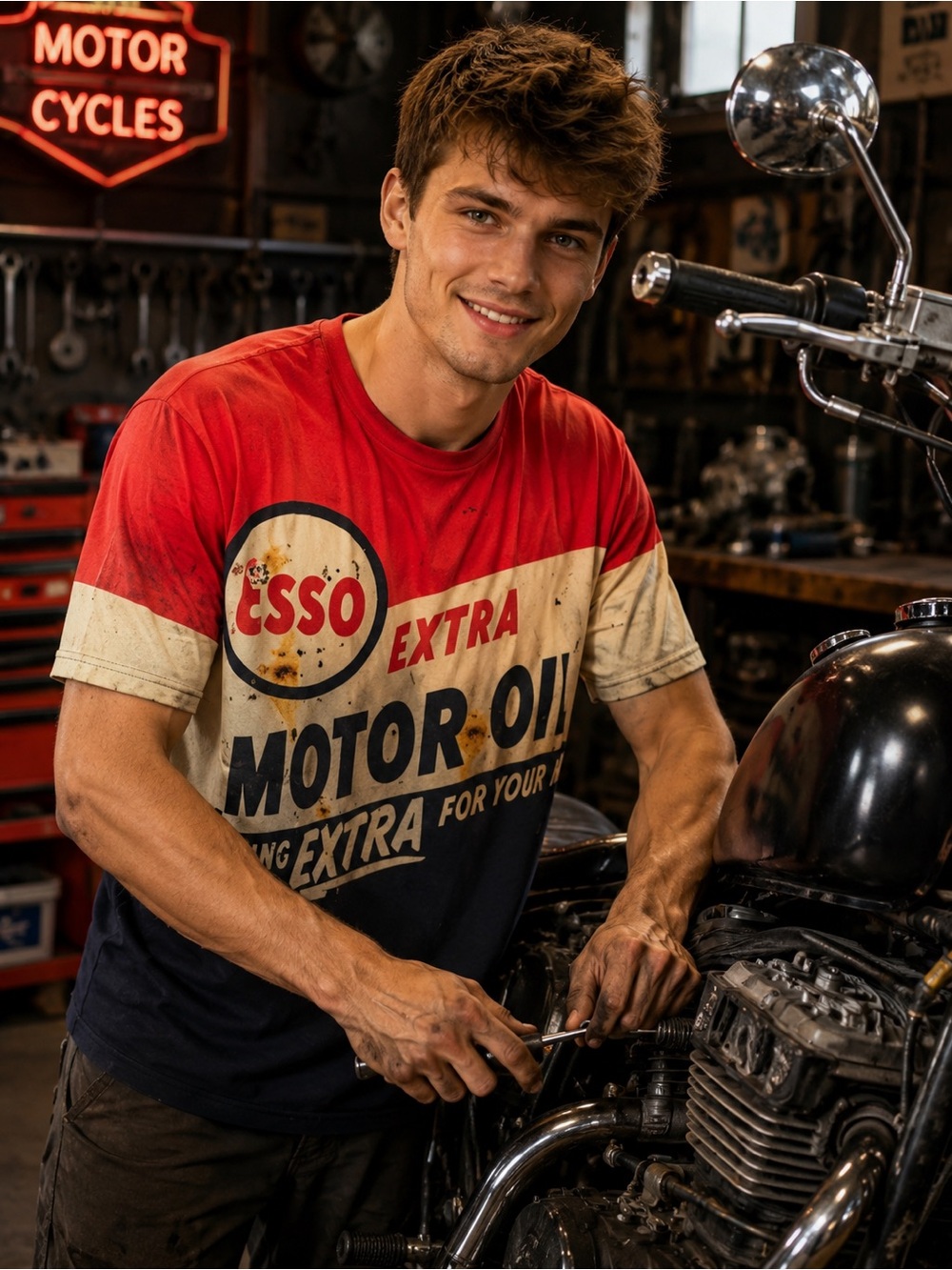 Men’s Esso Extra Motor Oil T-Shirt Looks Old Dirty But It’s New Sz L